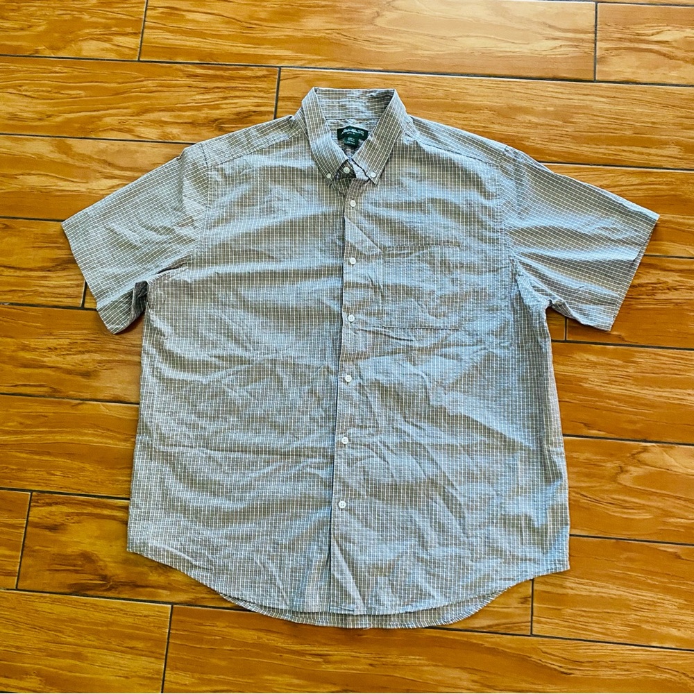 Eddie Bauer Men’s Short Sleeve Button Up Tan/White Plaid Shirt Size XXL #A4